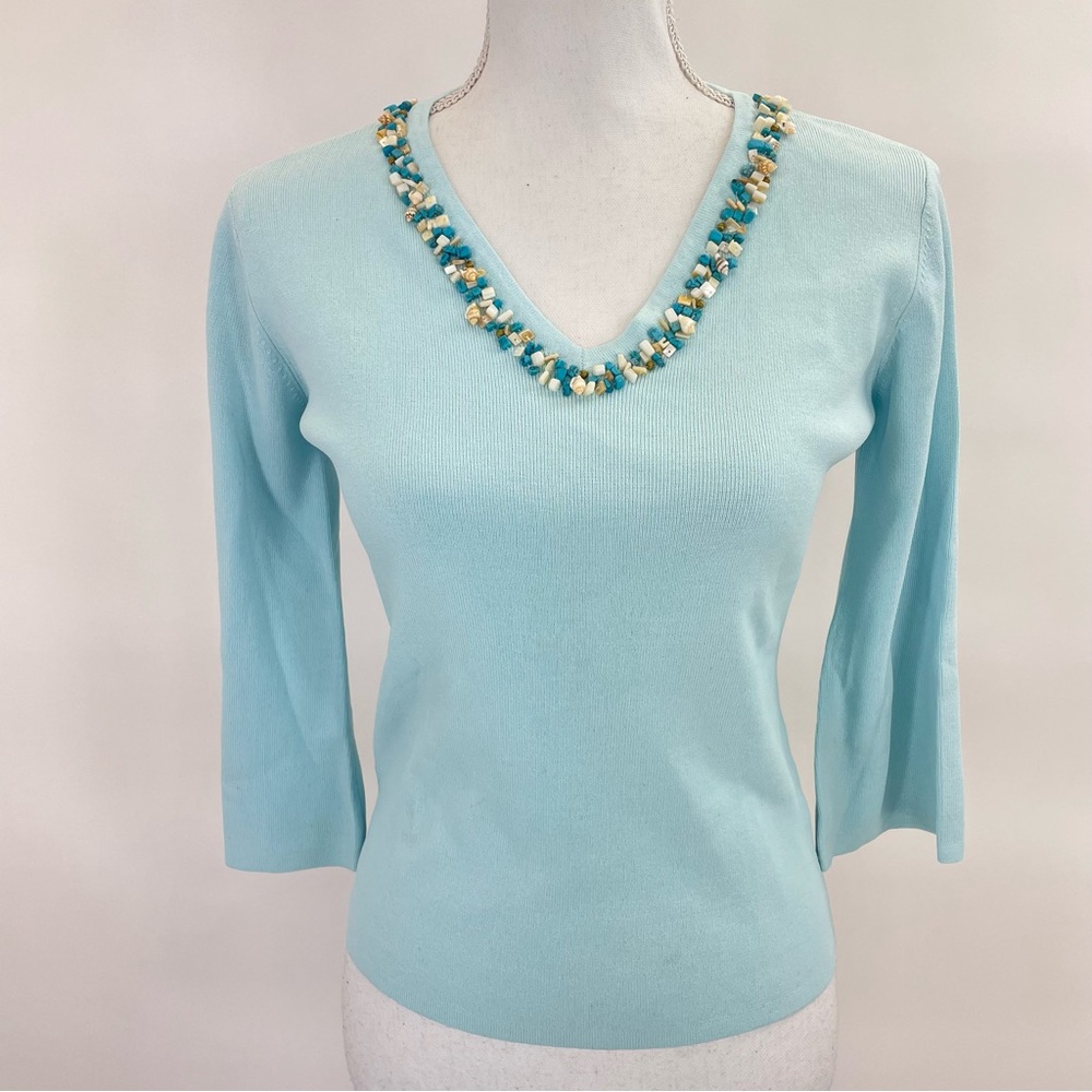 Joseph A. Light Blue Embellished V-Neck Top